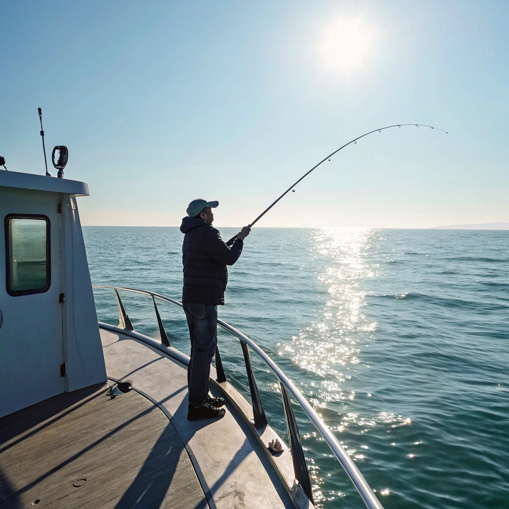 a person on a fishing ship on a calm sea fishing for big fish on a beautiful sunny day