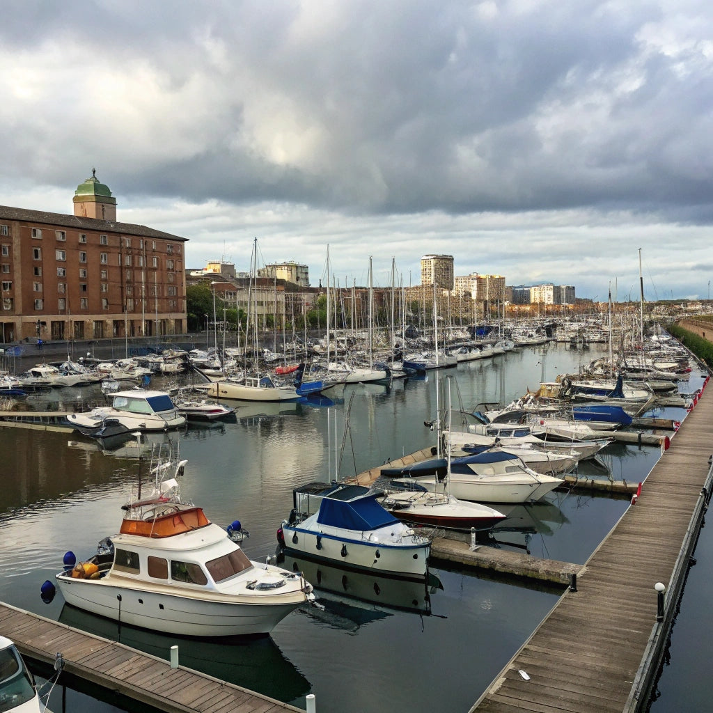 a realistic picture of a large busy harbor dock filled with boats